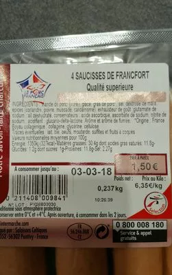 Lista de ingredientes del producto 4 saucisses de francfort Notre Savoir faire charcutier, Notre Savoir Faire Charcutier Intermatché 0,237 kg