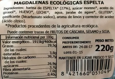 Lista de ingredientes del producto Magdalenas ecológicas de espelta La Granja 220gr