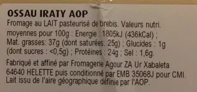 Lista de ingredientes del producto Ossau iraty Reflets De France 