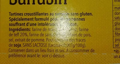 Lista de ingredientes del producto tartine croustillante sarrasin schär 125 g