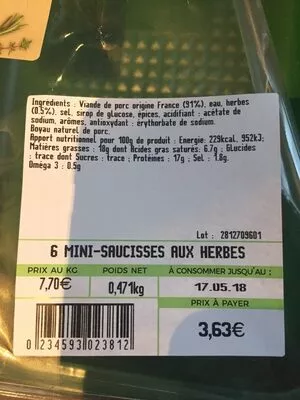 Lista de ingredientes del producto Saucisses  aux herbes  