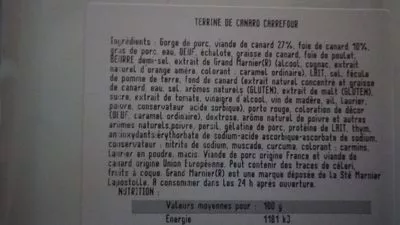 Lista de ingredientes del producto Terrine de canard Carrefour 