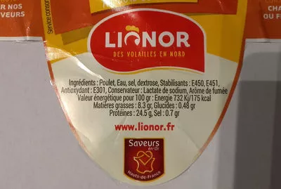 Lista de ingredientes del producto Le Poulet cuit et Fumé, Viande Lionor 1,408kg