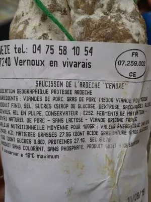 Lista de ingredientes del producto Le cendré ardéchois  