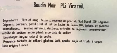 Lista de ingredientes del producto Boudin noir Tradition Et Terroir 