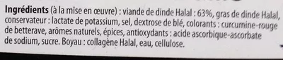 Lista de ingredientes del producto Saucisse de volaille Réghalal 1 kg