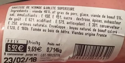 Lista de ingredientes del producto Saucisse de Viande Metzger Muller 