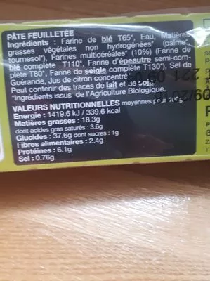 Lista de ingredientes del producto Pâte Feuilletée Multicéréale BIO Biobleud 230 g, 31 cm