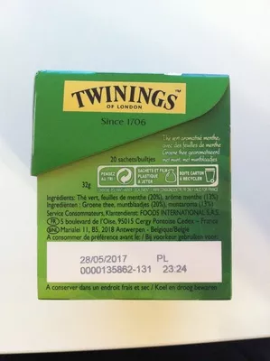 Lista de ingredientes del producto Twinings Thé vert menthe intense Twinings 20 sachets de 32g