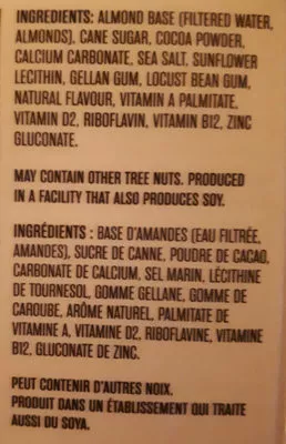 Lista de ingredientes del producto Almond chocolate earth's own 1,89 l