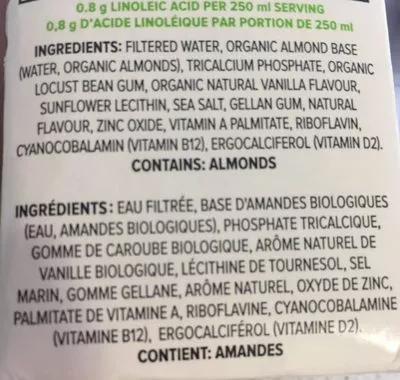 Lista de ingredientes del producto Boisson origine aux amandes non sucrée Liquid Nutrition 