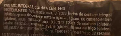 Lista de ingredientes del producto Pan integral con centano  