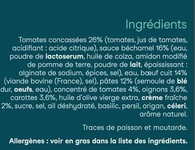 Lista de ingredientes del producto Lasagnes à la bolognaise Qilibri 300 g