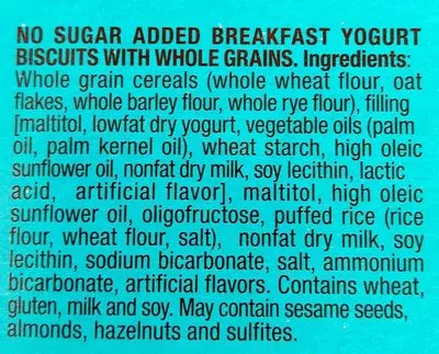 Lista de ingredientes del producto Breakfast yogurt biscuits with whole grains gullón (5 x 2 biscuits) - 220g