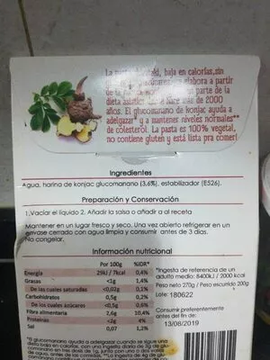 Lista de ingredientes del producto Pasta shirataki de Konjac The Konjac Shop 270 g