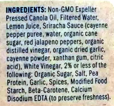 Lista de ingredientes del producto Sriracha Hampton Creek,  Just Mayo 8 fl oz