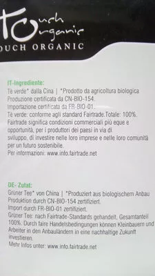 Lista de ingredientes del producto Tè verde touch organic 48g