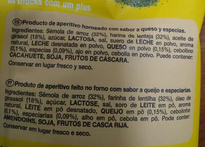 Lista de ingredientes del producto Snatt's Lenteja snacks queso y especias Grefusa 90 g