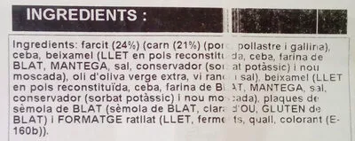 Lista de ingredientes del producto 6 canelons de carn Cal Sendra 600 g