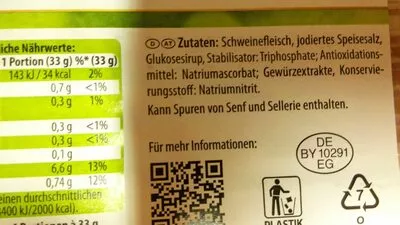 Lista de ingredientes del producto Delikatess Kochhinterschinken Gut Bartenhof 200g