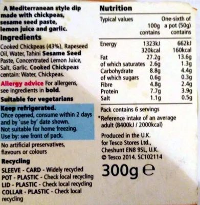 Lista de ingredientes del producto Houmous TESCO 300g