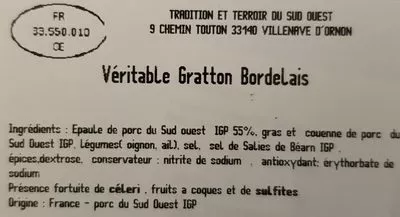 Lista de ingredientes del producto Gratton bordelais Tradition & Terroir 