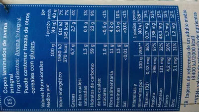 Lista de ingredientes del producto Copos de avena Joe's farm 500 g