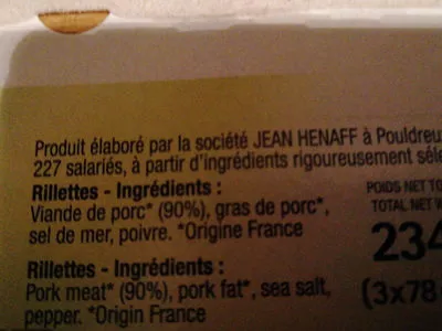 Lista de ingredientes del producto Les Rillettes Henaff 234 g (3x78g)