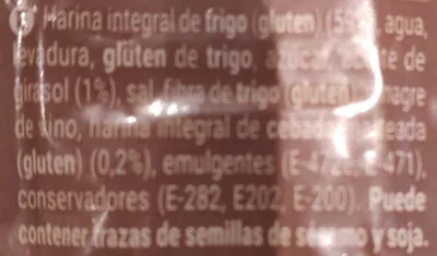 Lista de ingredientes del producto Pan de molde 100% integral Hacendado 460 g