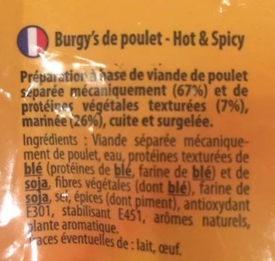 Lista de ingredientes del producto Burgys hot & spicy Doux 