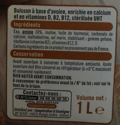 Lista de ingredientes del producto Lait d'avoine  