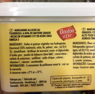 Lista de ingredientes del producto Margarine Tournesol Bouton d'Or 