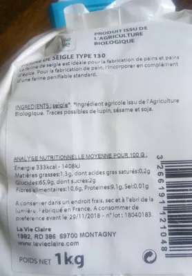 Lista de ingredientes del producto farine de seigle la vie claire 1kg