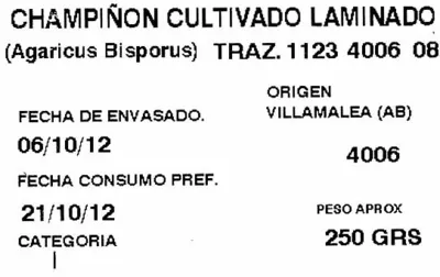 Lista de ingredientes del producto Champiñones laminados Sublit 250 g