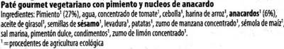 Lista de ingredientes del producto Paté vegetariano Pimiento Anacardo GutBio 125 g