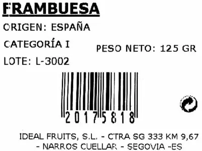 Lista de ingredientes del producto Frambuesas Ideal Fruits 125 g