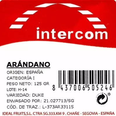 Lista de ingredientes del producto Arándanos Intercom 125 g