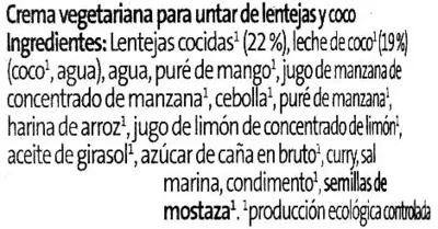 Lista de ingredientes del producto Crema vegetariana Lentejas Coco GutBio 180 g