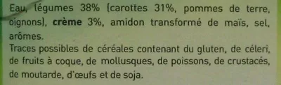 Lista de ingredientes del producto Velouté de Carottes à la crème Les Printanières, Soup'idéale 1 L (même code barre 26021133 que Velouté de Poireaux Pommes de terre)