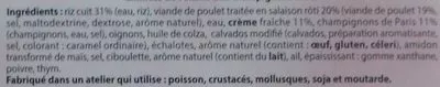 Lista de ingredientes del producto Emincé de volaille aux champignons et riz La cuisine des Saveurs, Aldi 300 g [même code barre 26042459 que Parmentier de poisson ; Saumon à l'oseille, voir 2000000034104 ; Colin d'Alaska sauce citron, voir 2000000034105]