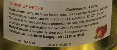 Lista de ingredientes del producto Sirop de pêche Sans marque, IDS 4 l