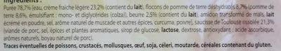 Lista de ingredientes del producto Saucisse de Toulouse et purée La cuisine des Saveurs, Aldi 290 g [même code barre 26014395 que Tomates Farcies et riz cuisiné, voir 26014395]