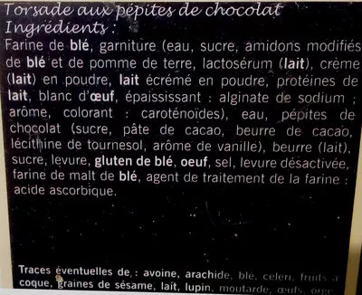 Lista de ingredientes del producto Torsade aux Pépites de Chocolat Lidl 1 pièce