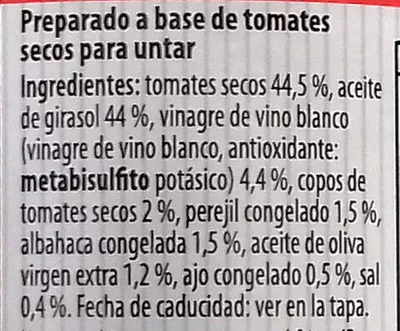 Lista de ingredientes del producto Preparado para untar bruschetta con tomates secos Il Gusto Dell' Italia, Italia 170 g