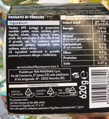 Lista de ingredientes del producto Passato di verdure Pam i Tesori Pam 620 g