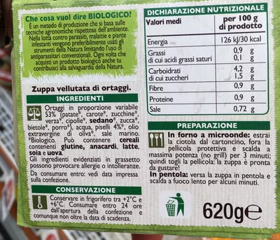 Lista de ingredientes del producto Vellutata di verdure Bio Pam Pam 620 g