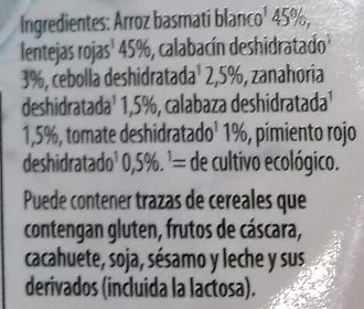 Lista de ingredientes del producto Arroz basmati con lentejas y verduras GutBio 250 g