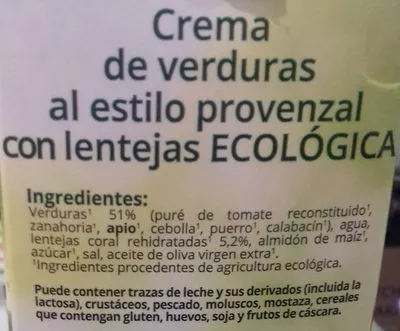 Lista de ingredientes del producto Crema de Verduras al estilo provenzal con lentejas GutBio 1 kg