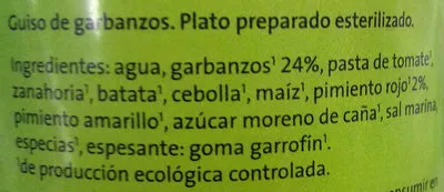 Lista de ingredientes del producto Guiso de garbanzos al estilo oriental GutBio 400 g