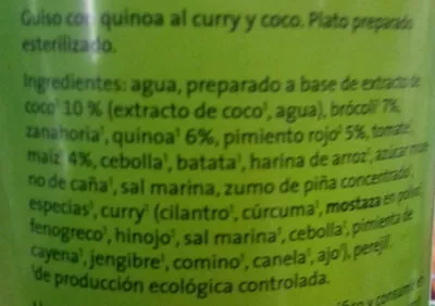 Lista de ingredientes del producto Guiso con quinoa al curry y coco GutBio 400 g